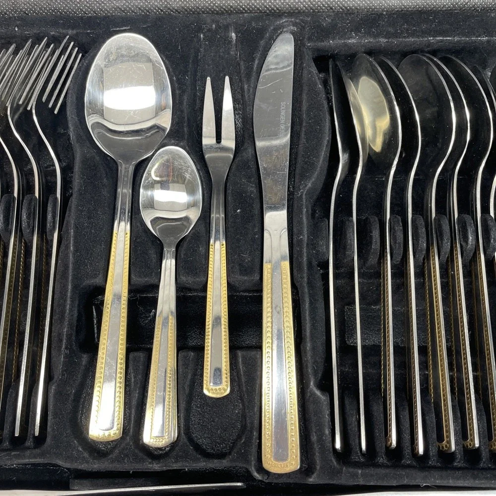 Solingen Germany 18/10 Stainless Gold Trim Flatware 66 Piece‎ Set with Case